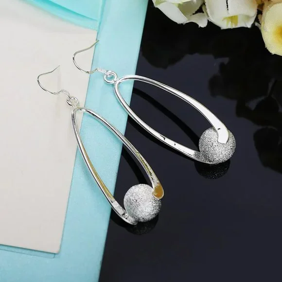 Beautiful Frosted Bead Hanging Earrings .925 Sterling Silver "  Hypoallergenic " - Picture 3 of 6